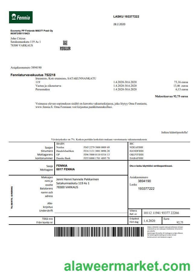 Finland Fennia Insurance company bill template in Word and PDF format